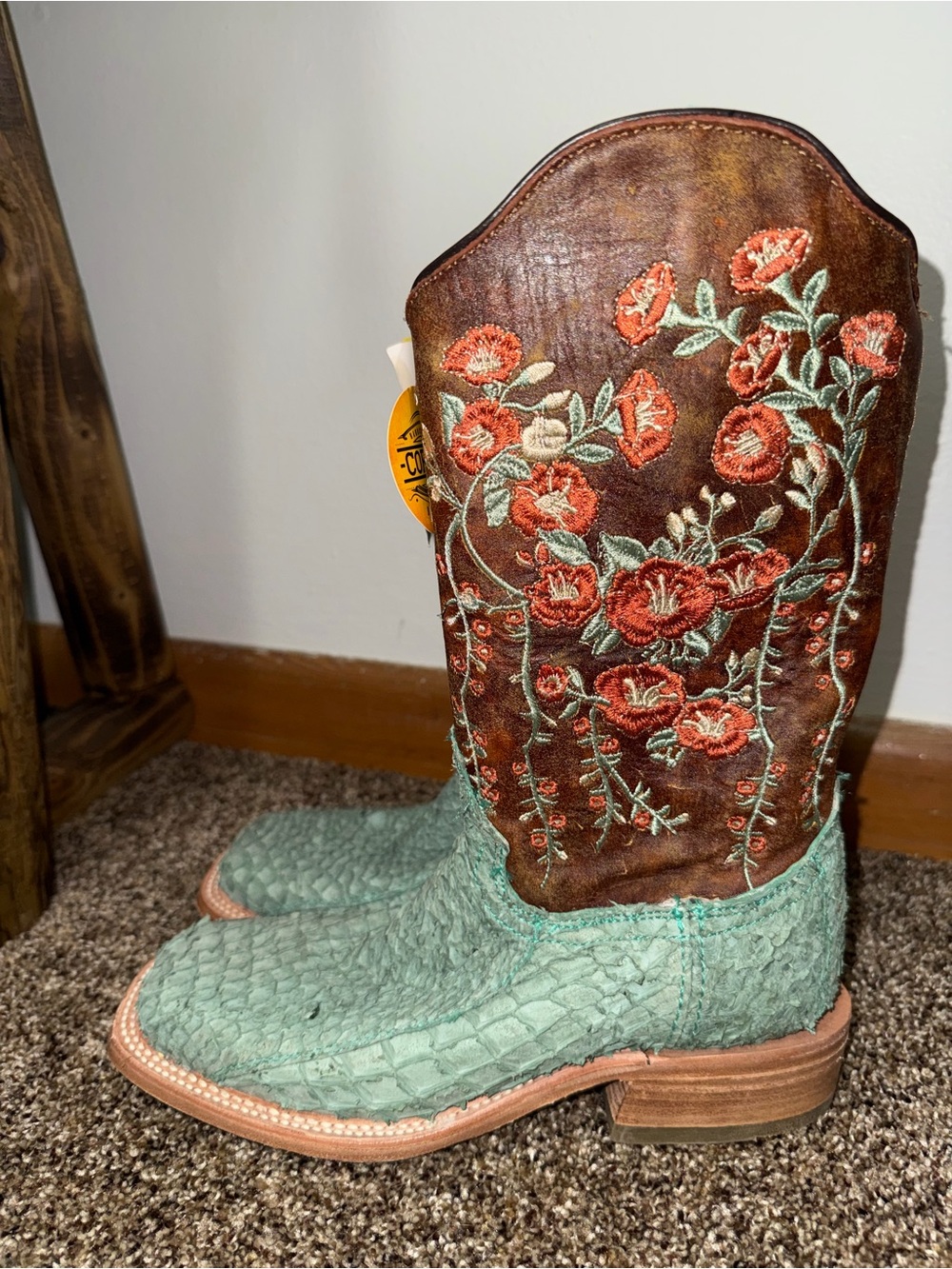 Corral Turquoise Snip Toe Western Boots with Brown Floral Embroidered Shaft